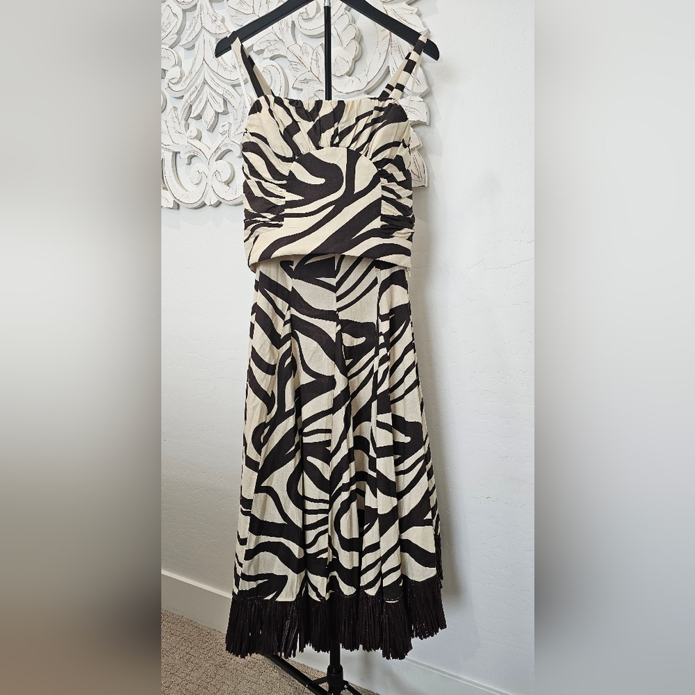 ANTONIO MELANI Beige/Brown Linen Print Maxi Dress w/Fringe Hem Womens Sz 10 2 Pc - Picture 2 of 11